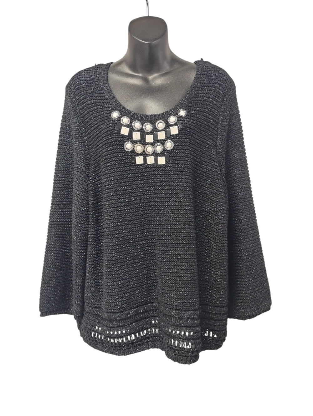 Ruby Rd. Wns Plus Sz 1X Black Metallic Knit Sweater Embellished Neck Weave Hem